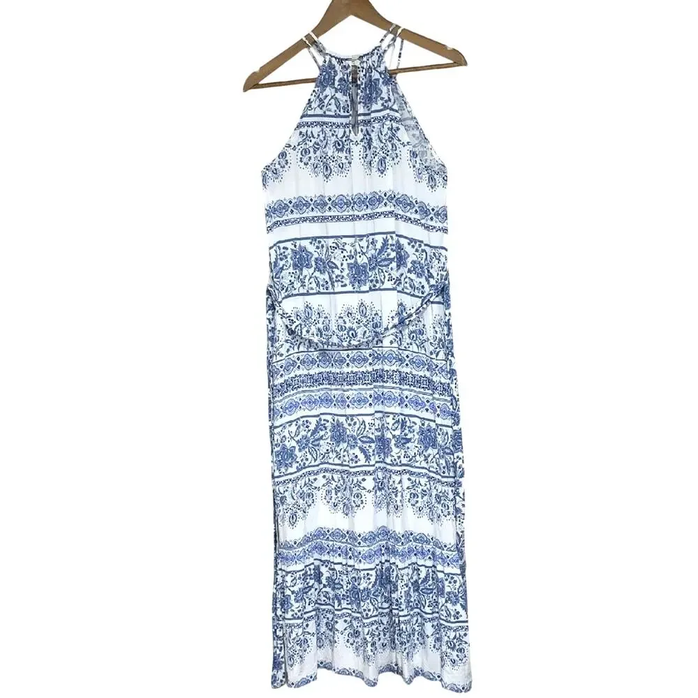 LOFT Womens Sz M Blue and White Dress Tiered Beachy BOHO Feminine Fairy Maxi
